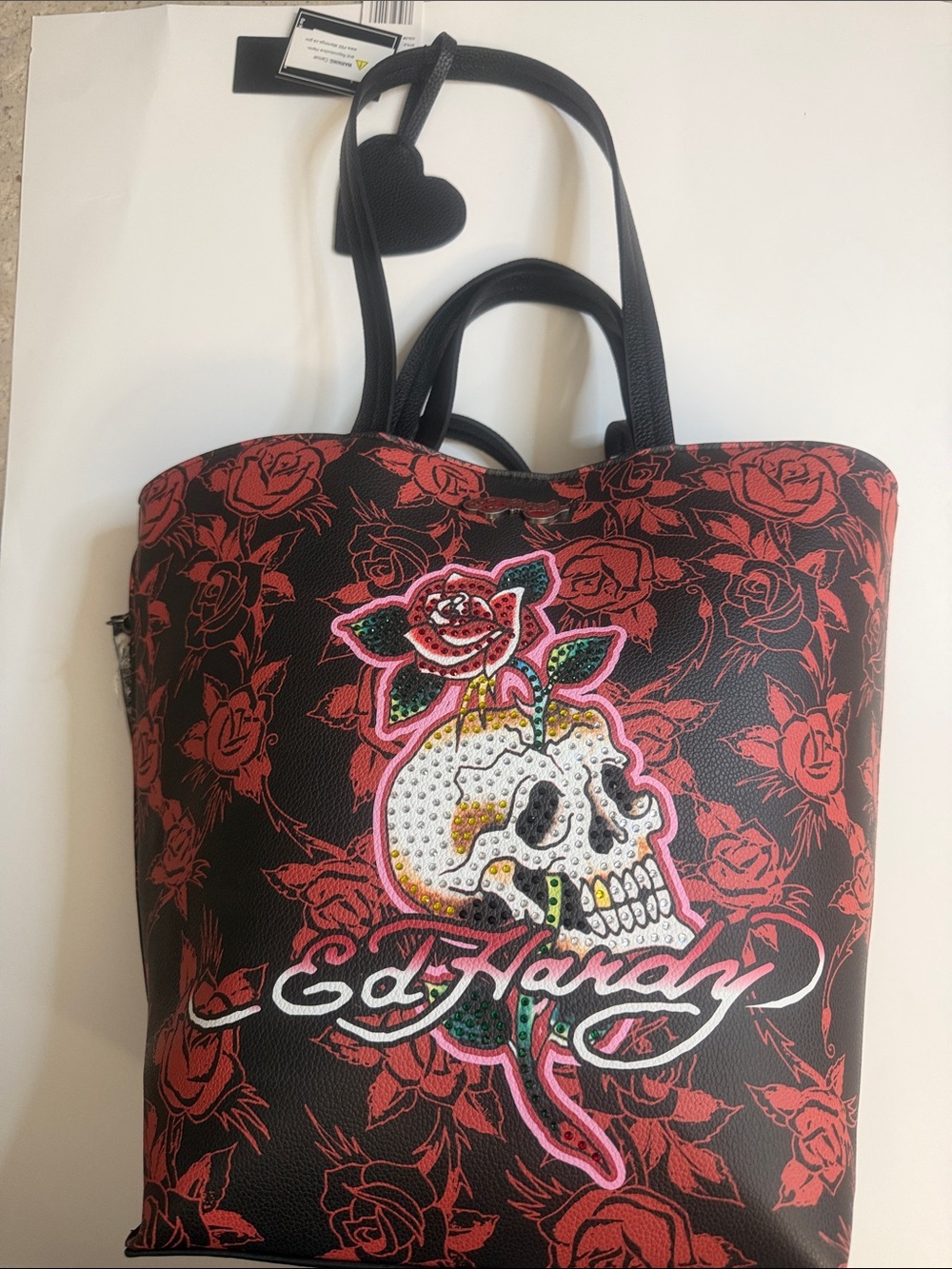 Ed Hardy Black & Red Rose Skull Tote Bag